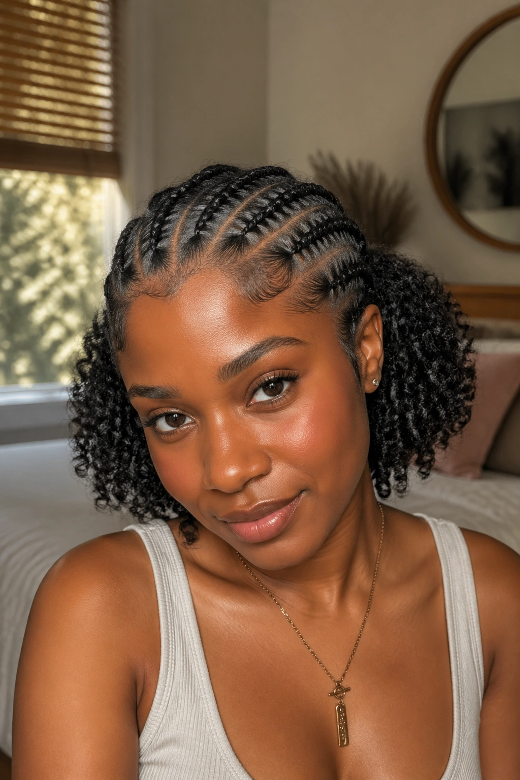 Close-up of crown stitch braids with back hair loose on a real person, warm light