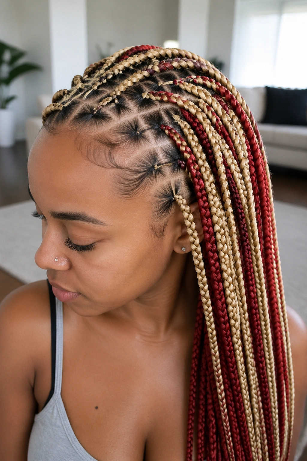 Close-up portrait of a real person with stitch-detail box braids and crimson pops