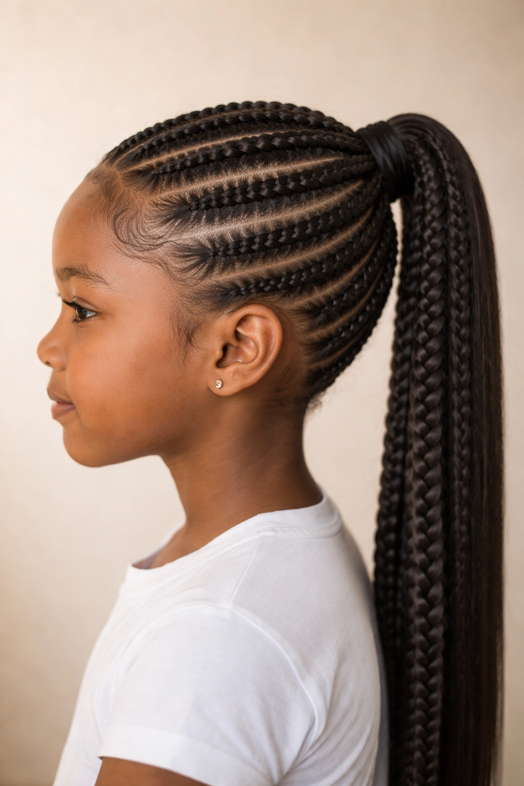 Profile view of stitch braid feed-in ponytail with horizontal sections.