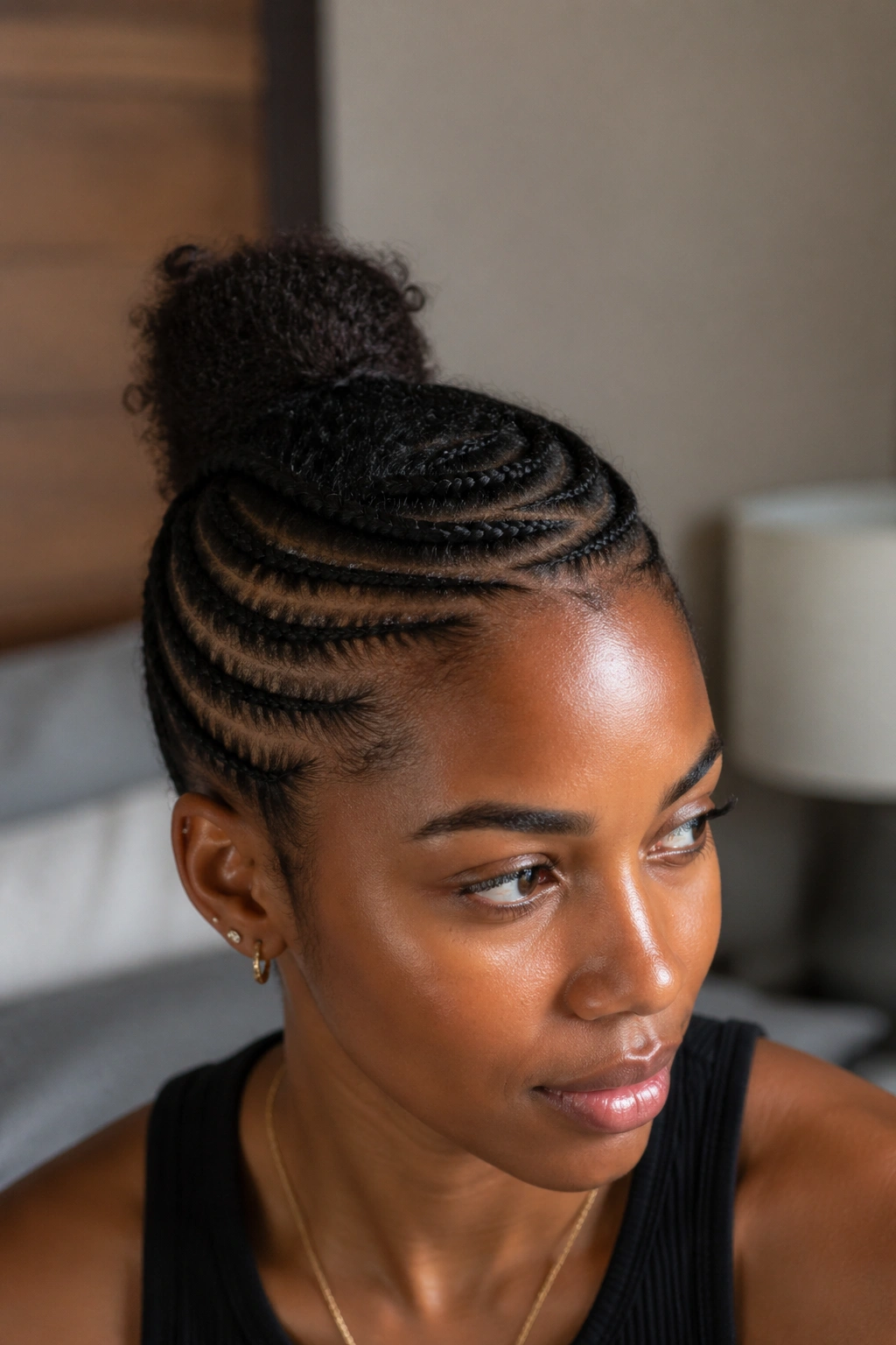 Close-up of a real person with a halo of needle-stitch cornrows around the head