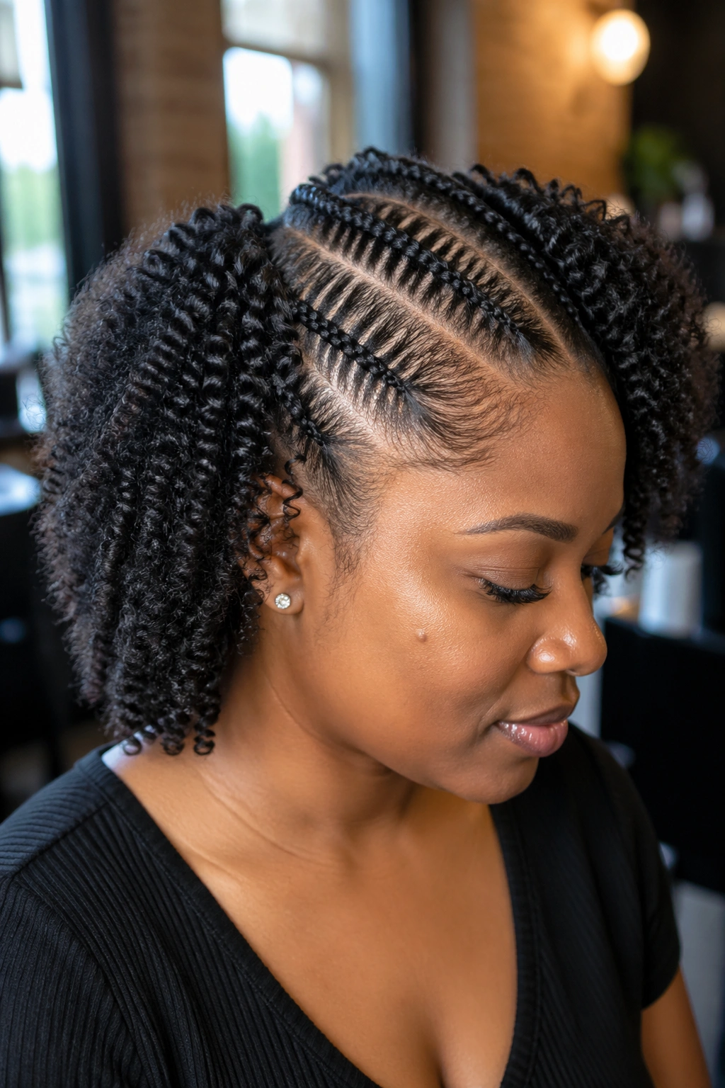 Close-up of a real woman with a centered stitch Mohawk and loose side curls