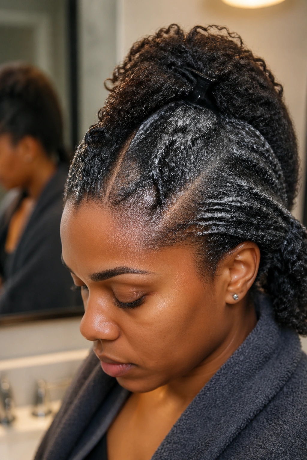 Close-up of hair prep for stitch cornrows showing clarifying wash and conditioning