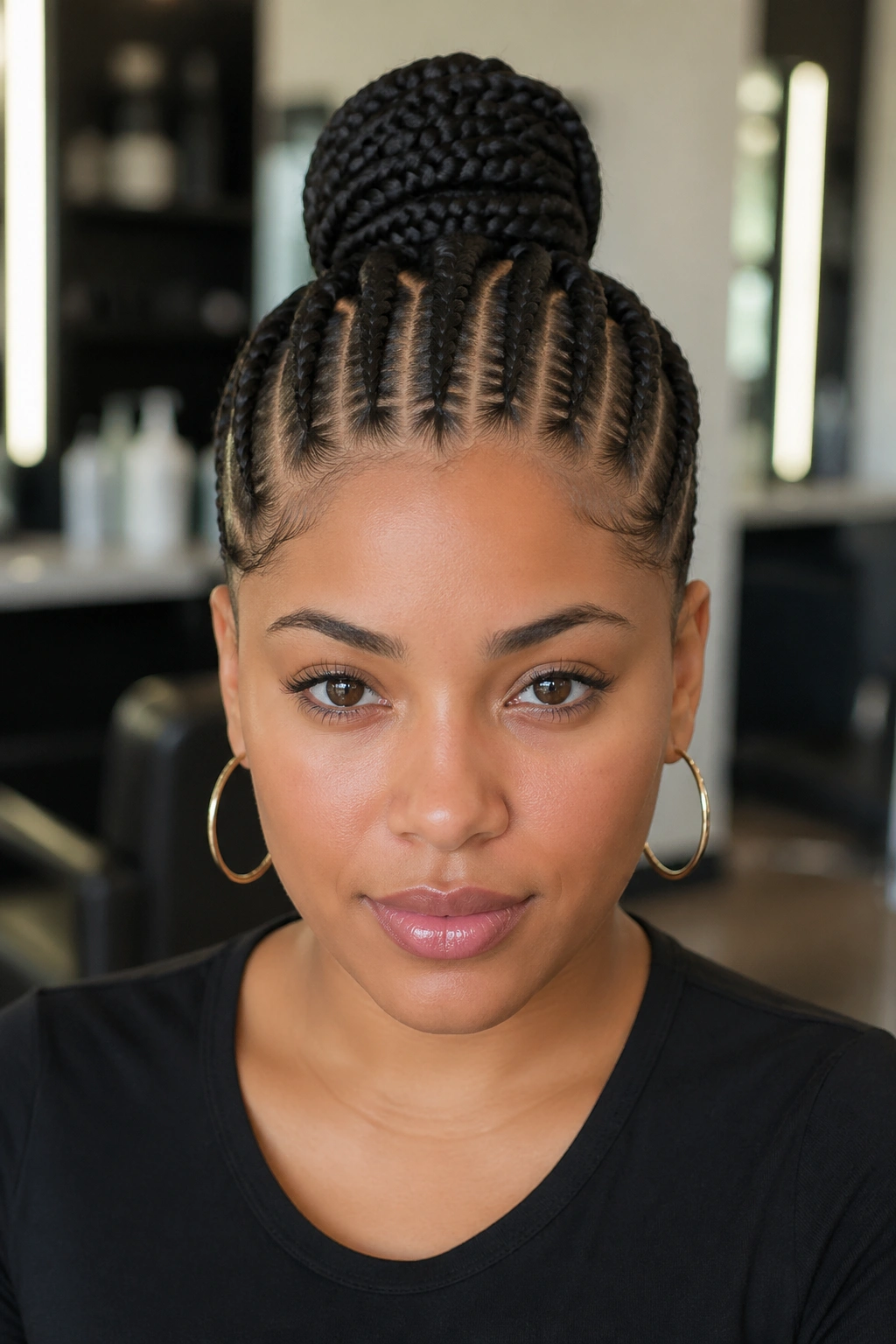 Close-up of stitch cornrows with quarter-inch spacing