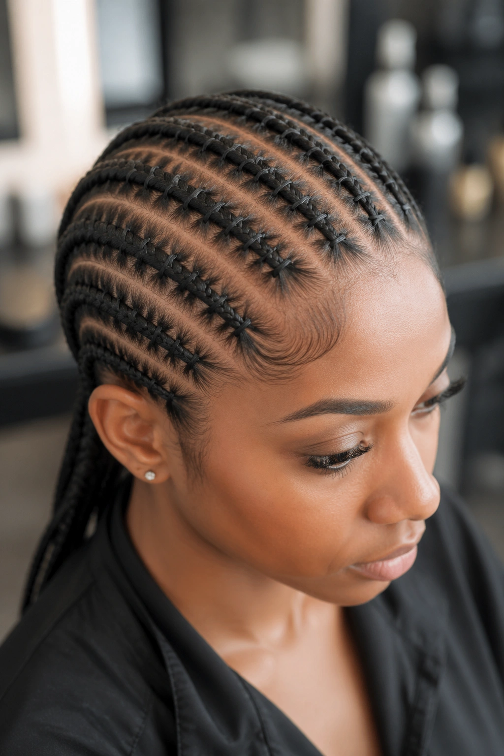 Close-up of a real woman with stitch-style straight backs under natural light