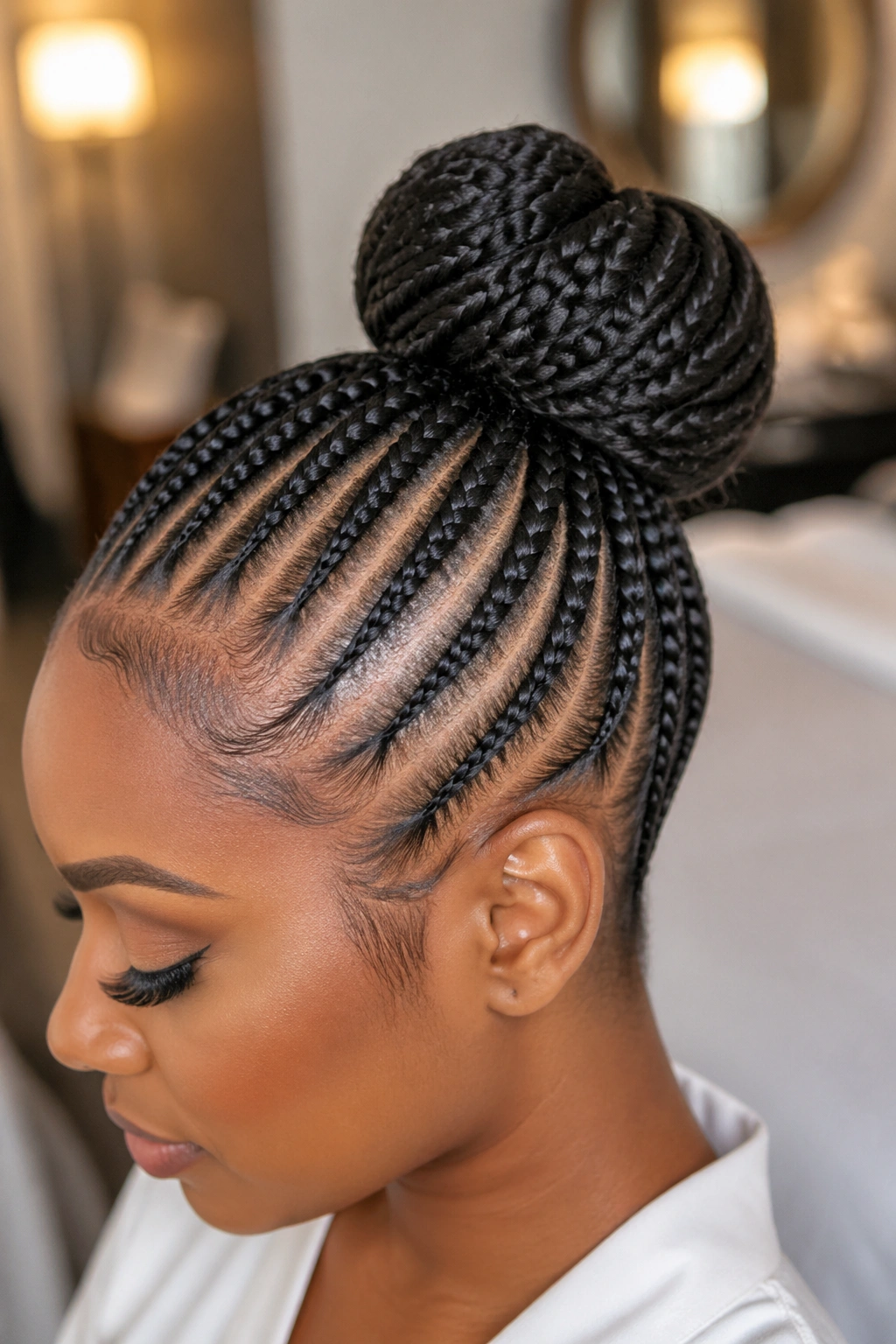 Close-up of a real Black woman with stitch cornrows wrapped into a donut bun