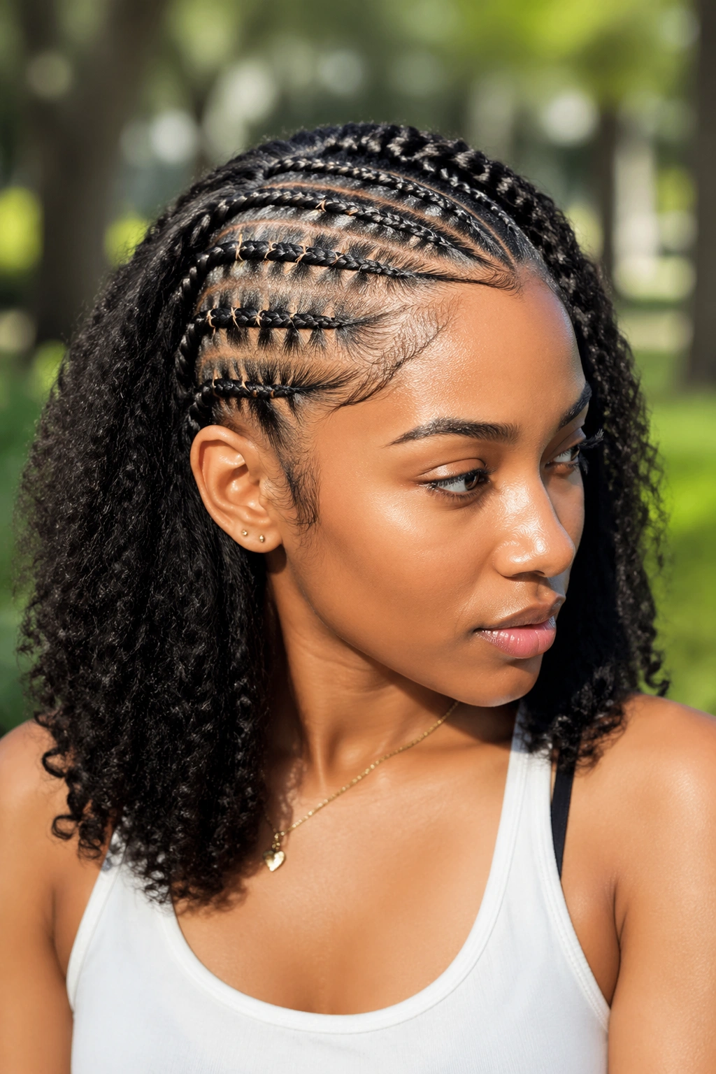 Close-up of a real woman's head showing stitched cornrow section on top