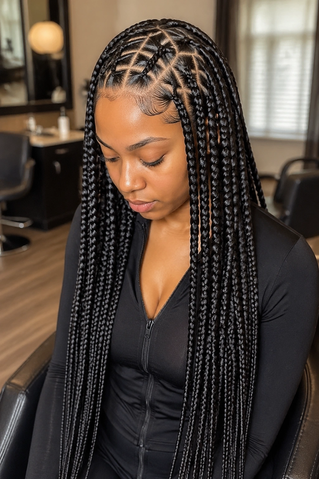 Close-up of a real woman with stitched cornrows and waist-length box braids in a warm salon