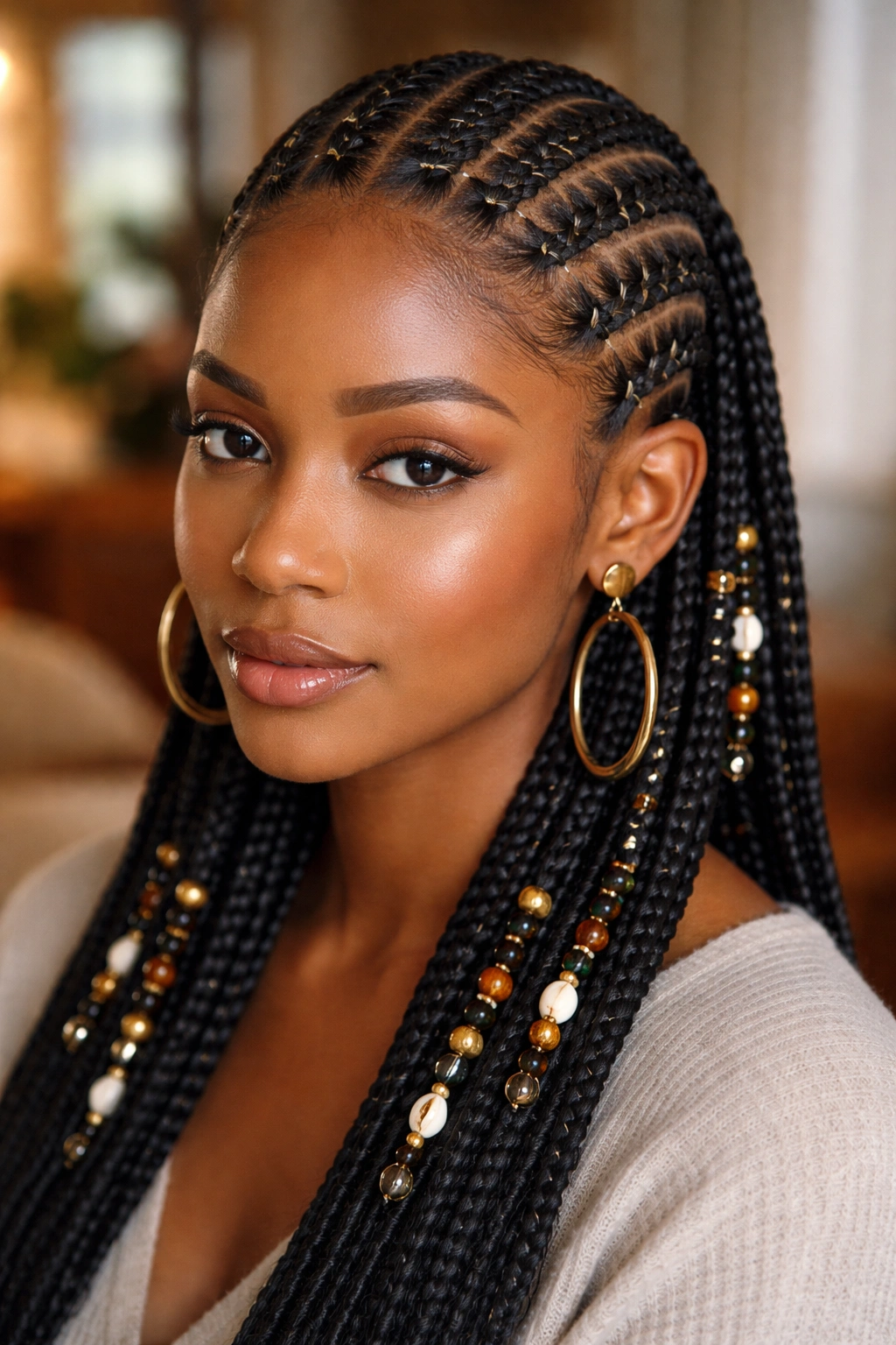 Close-up of stitched Fulani cornrows on a real woman