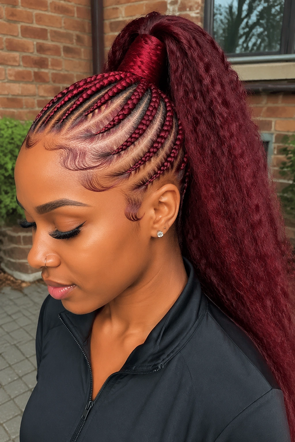Close-up of stitched red cornrow ponytail on a real woman