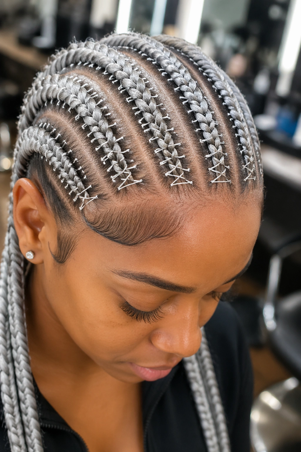 Extreme close-up of stitched silver cornrows on a real person.