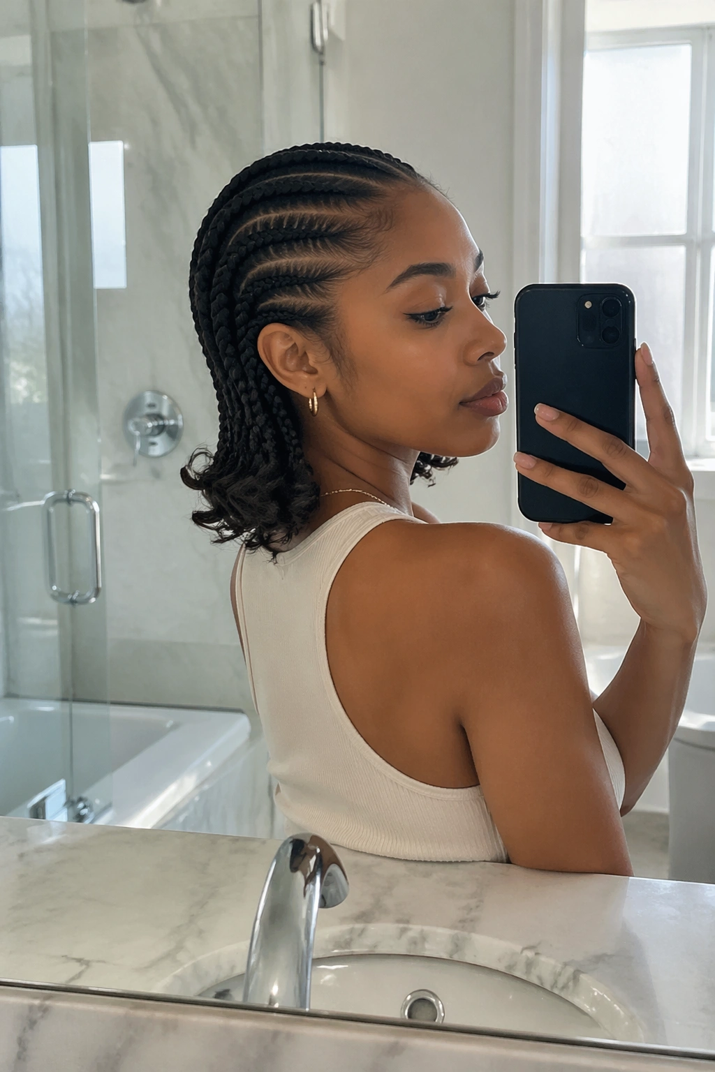Straight-back braids with flipped-out ends in bright bathroom