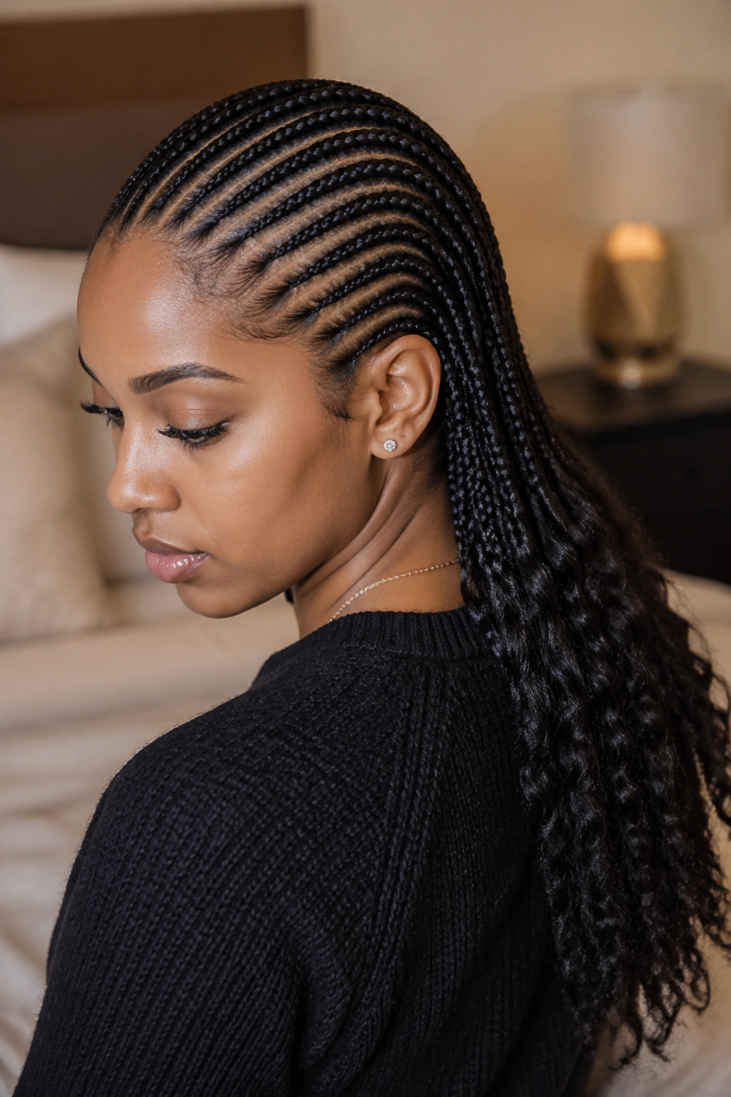 Close-up of straight-back small cornrows on a real person with loose ends.