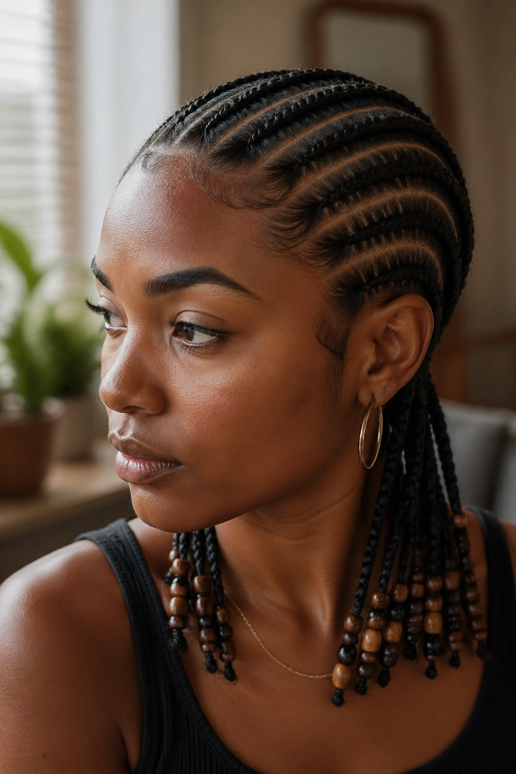Close-up portrait of straight back cornrows from hairline to nape on a real person