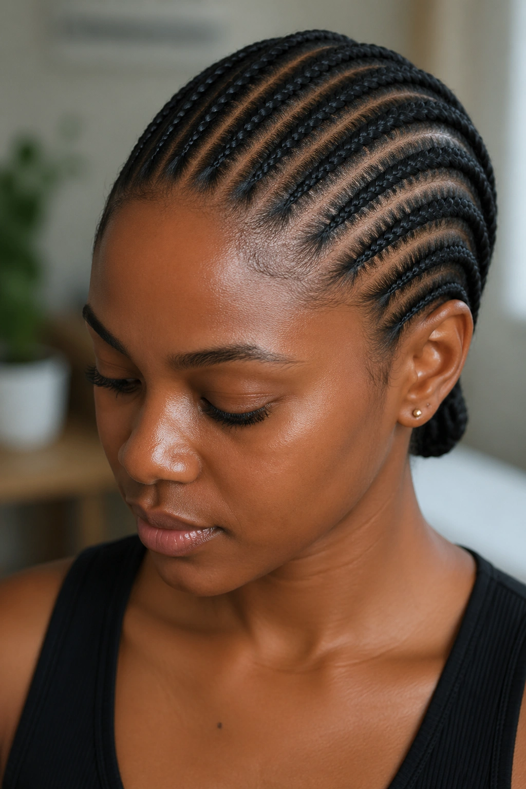 Close-up of a head with straight-back cornrows