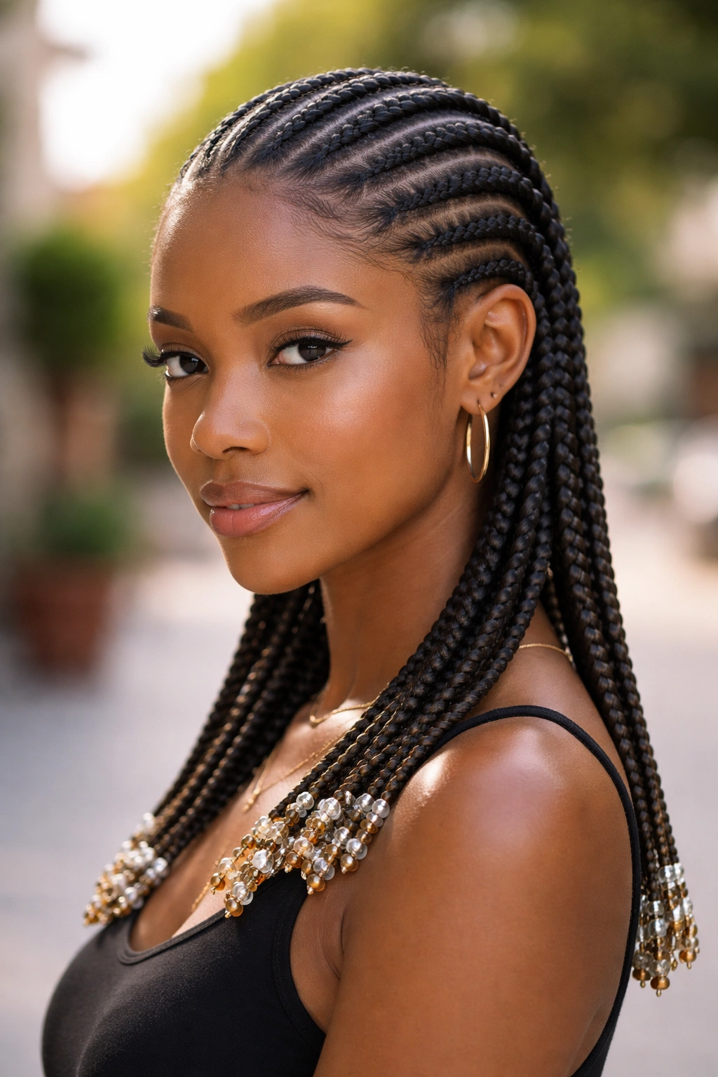 Close-up of a real woman with straight-back cornrows ending in beads.