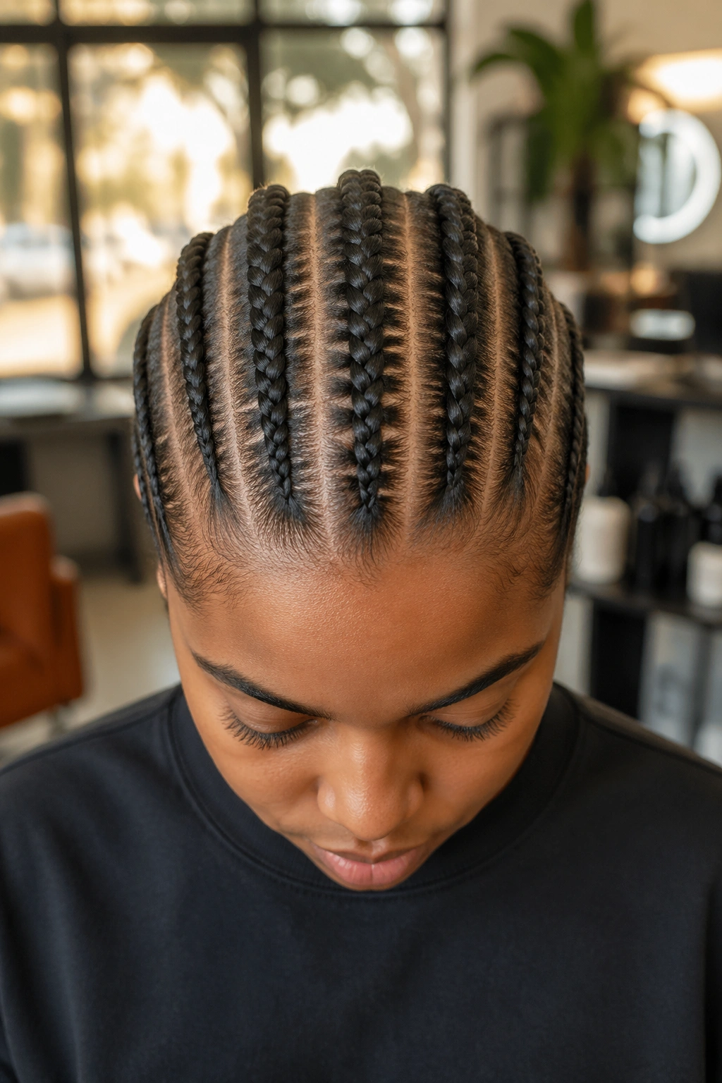 Head-on view of straight-back cornrows with five evenly spaced rows