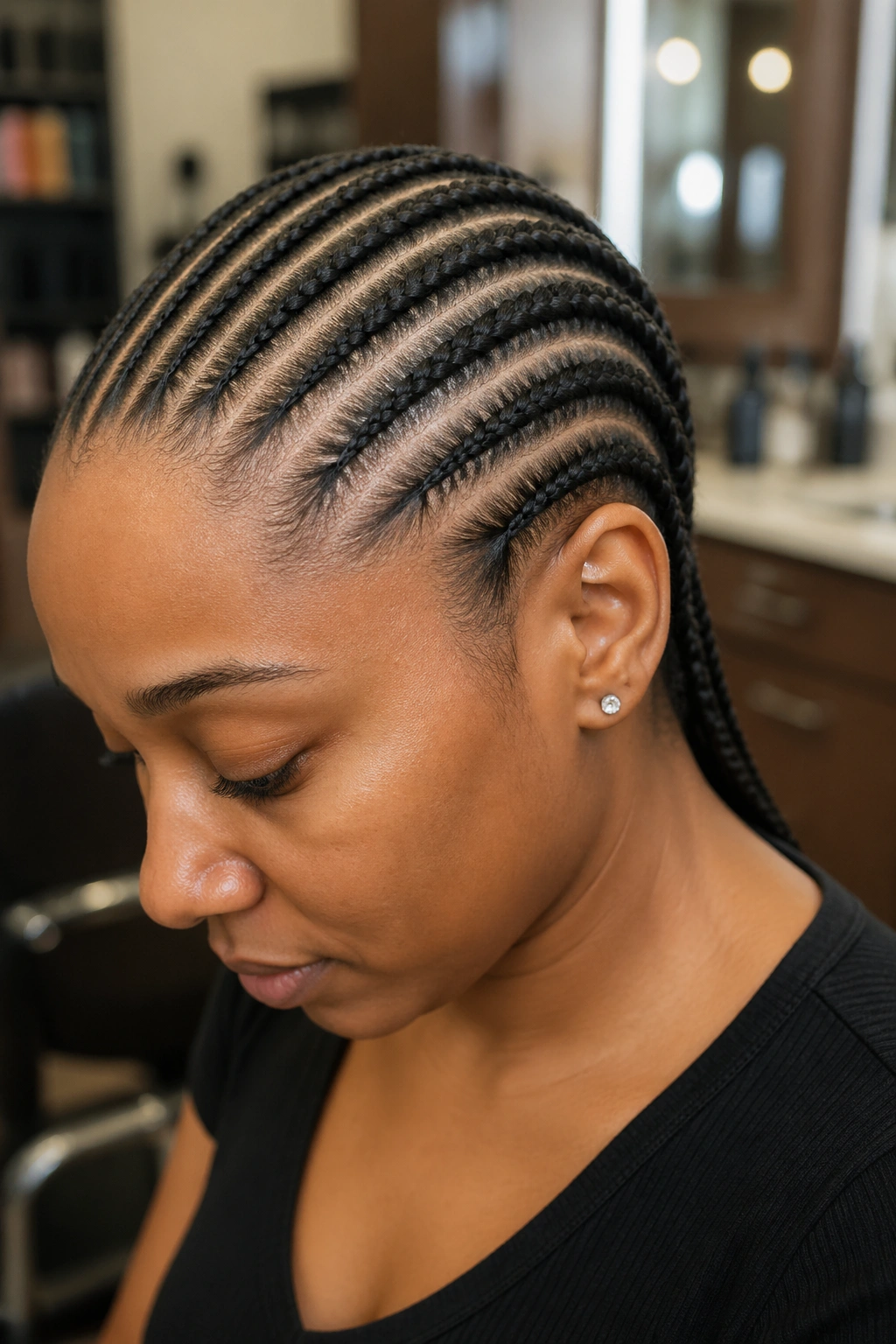 Close-up of a real woman with straight back cornrows and crisp parallel rows from hairline to nape.