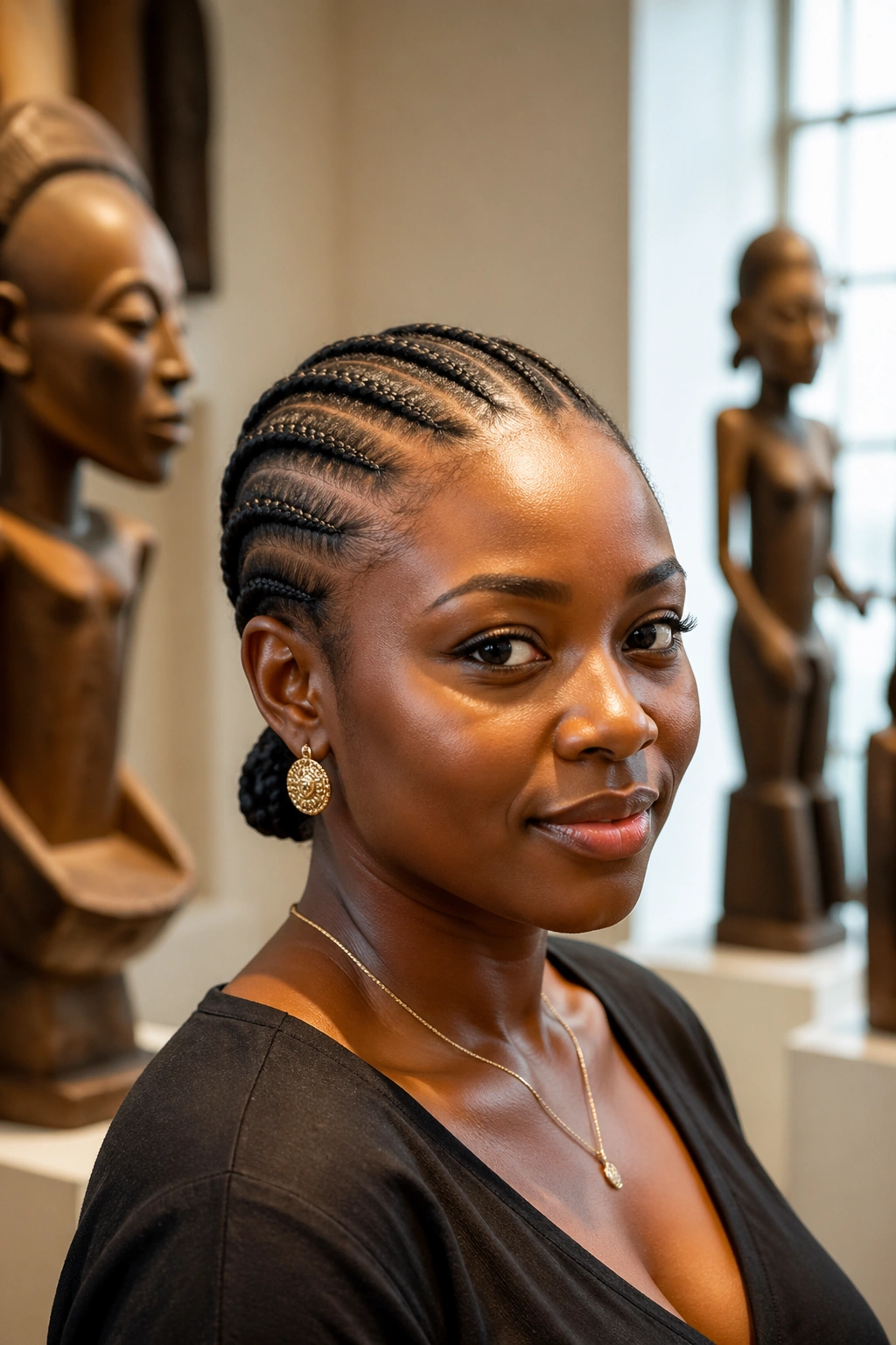 Portrait of a woman with straight back cornrows highlighting historical roots in West African braiding.