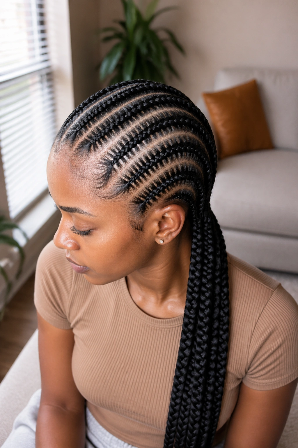 Head-and-shoulders shot of cornrows transitioning to jumbo ends at the nape