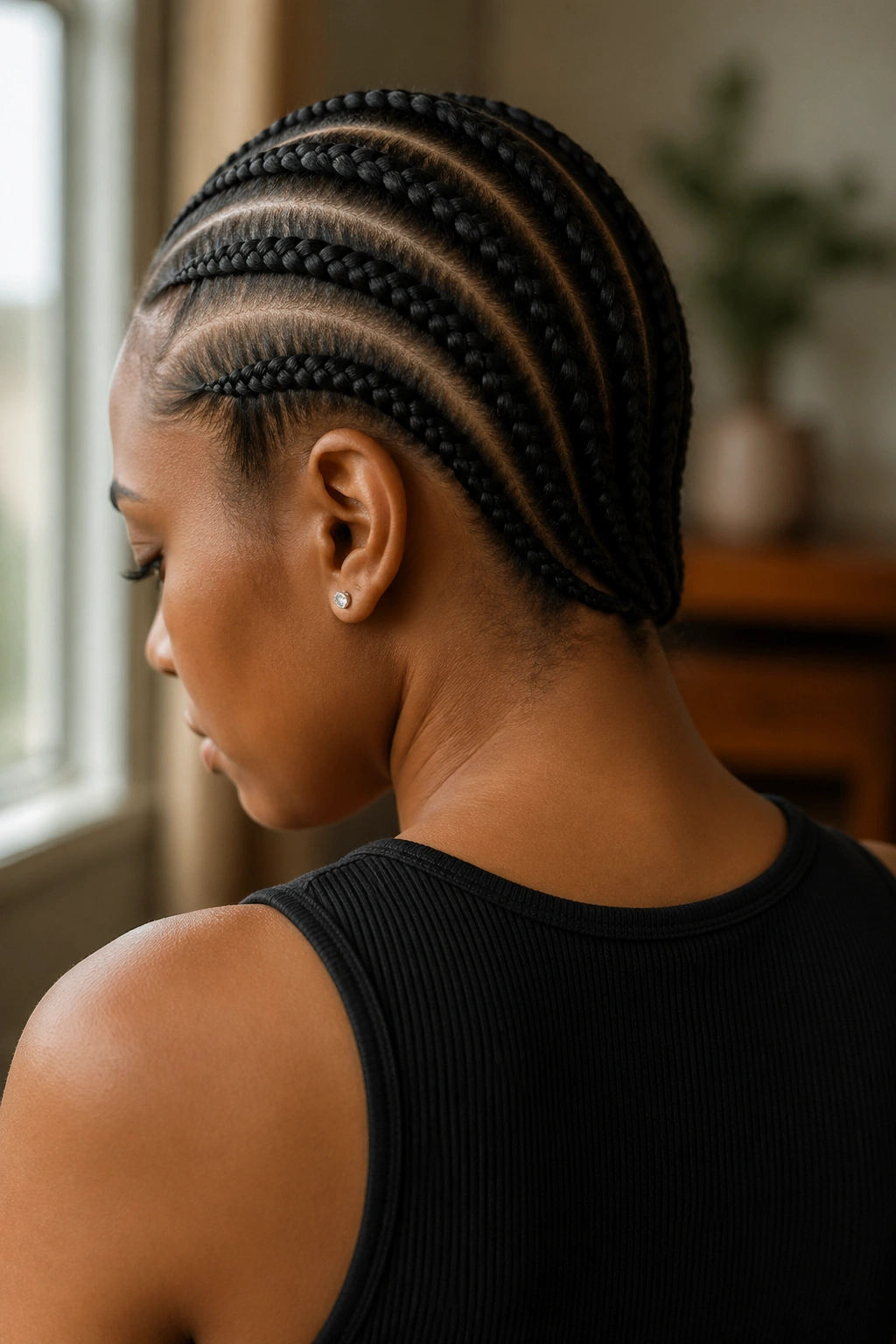 Portrait of a person with neat straight-back cornrows showing back lines
