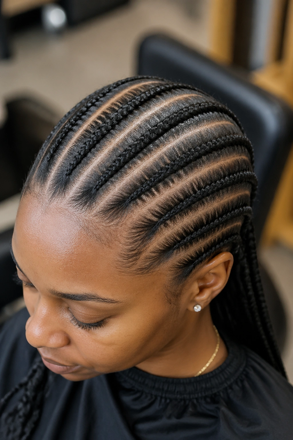 Close-up of real person with straight-back cornrows showing parallel braids from hairline to nape