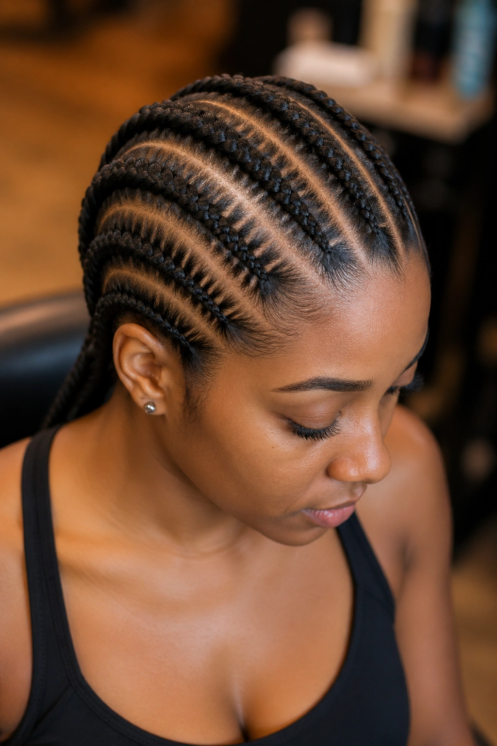 Close-up of real person with straight-back French cornrows