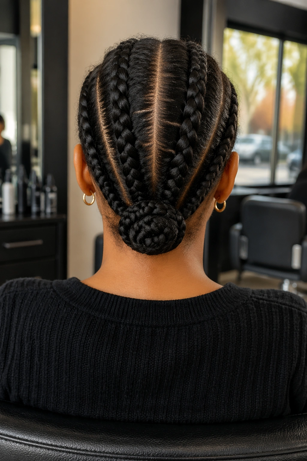 Back view of four straight cornrows converging into a low bun