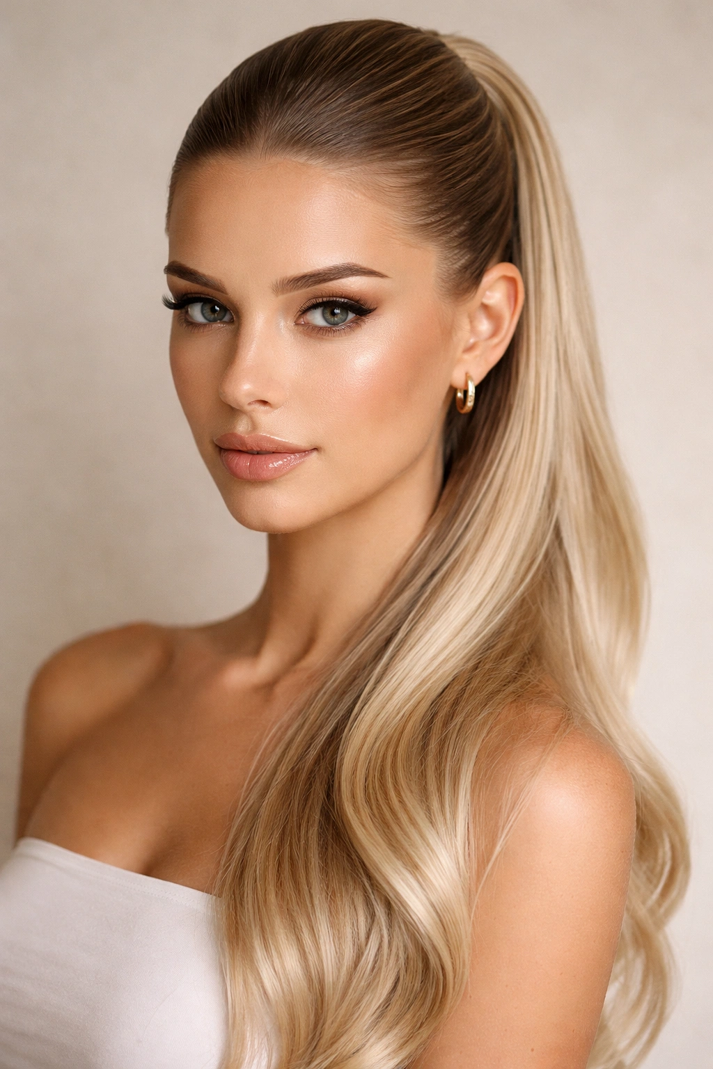 Frontal view of a straight-back slick half up ponytail