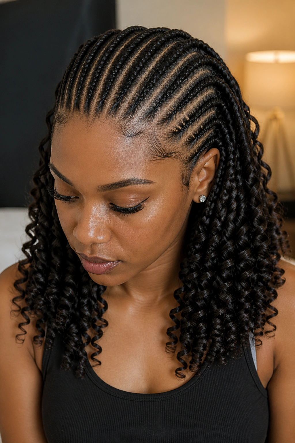 Portrait of small straight-back cornrows with spiral curls
