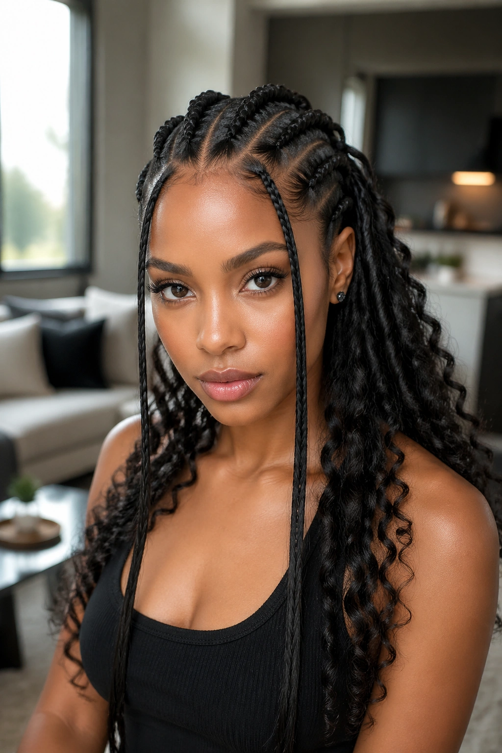 Close-up of real woman's face framed by straight-front cornrows blending into curled ends