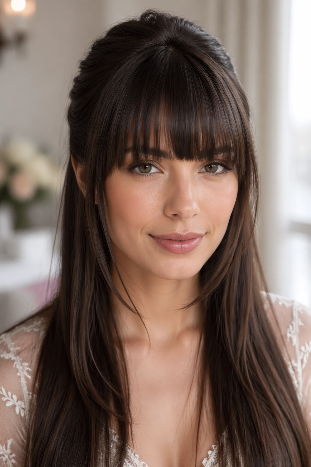 Real bride with straight fringe and straight half-up hairstyle