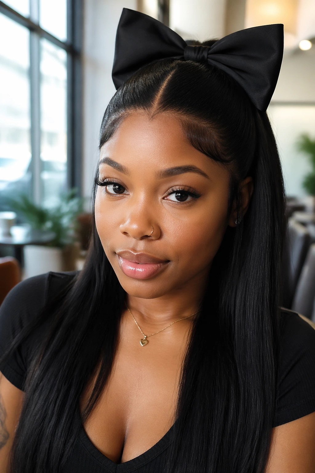 Close-up portrait of a real woman with straight center-part half-up weave and a large statement bow