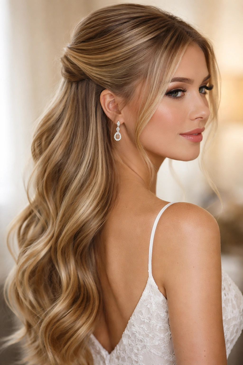 Close-up of straight hair half-up with polished finish and subtle root texture.