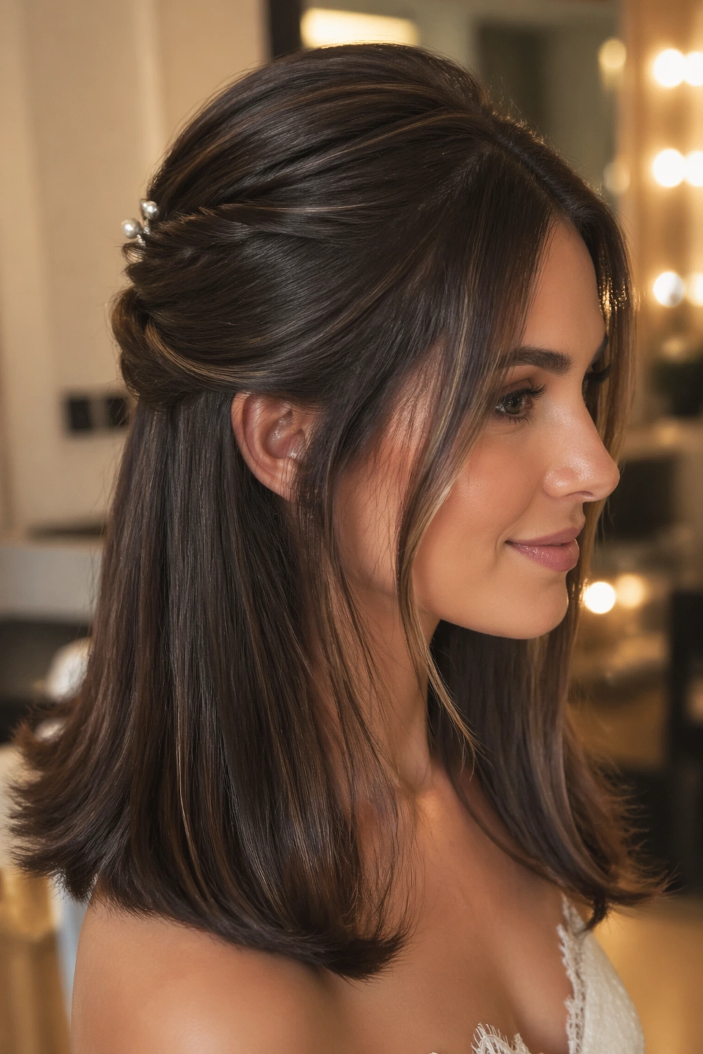 Close-up of straight hair half-up with bend and shine