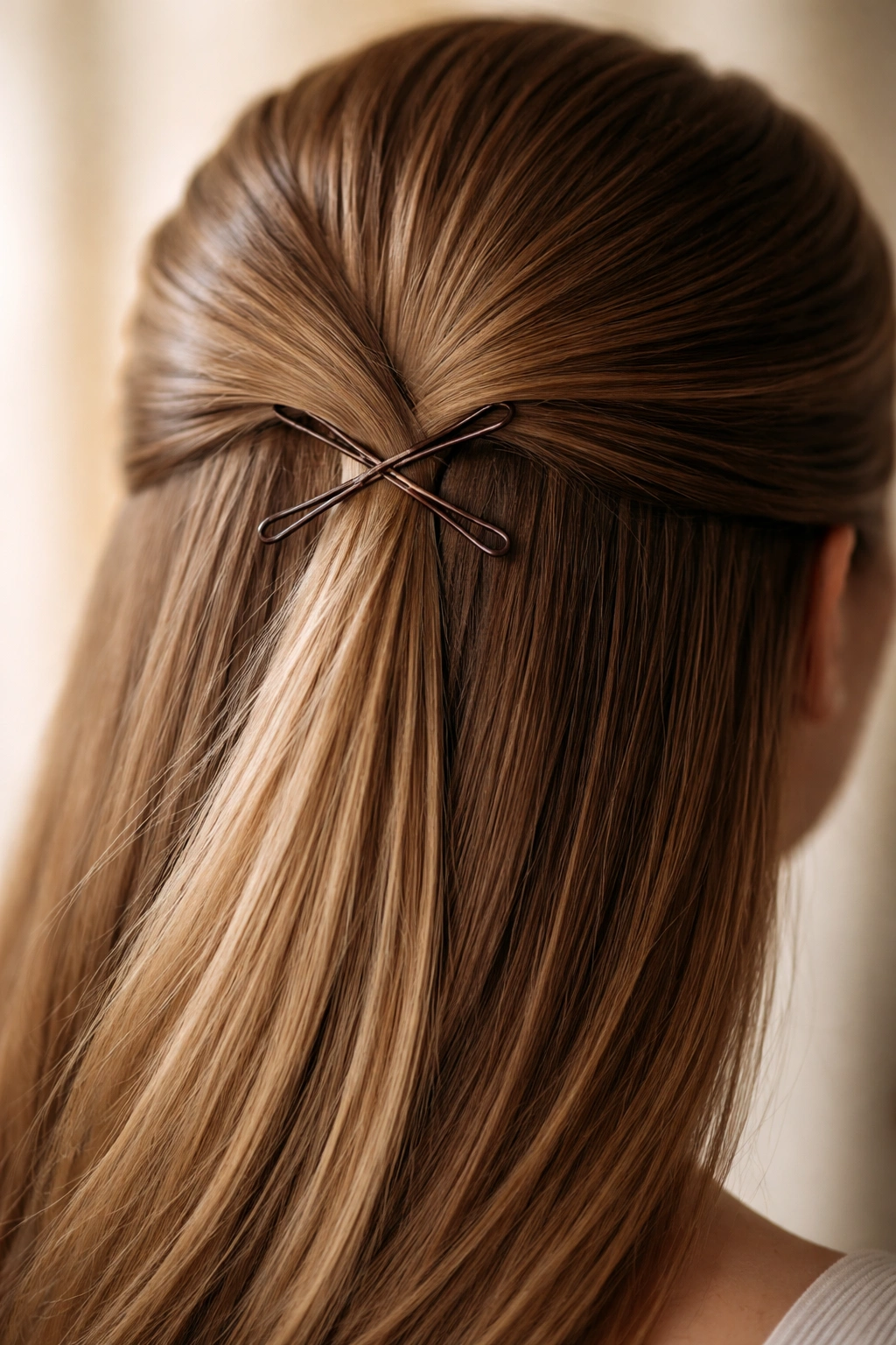 Close-up of straight hair with pinned half-up hold