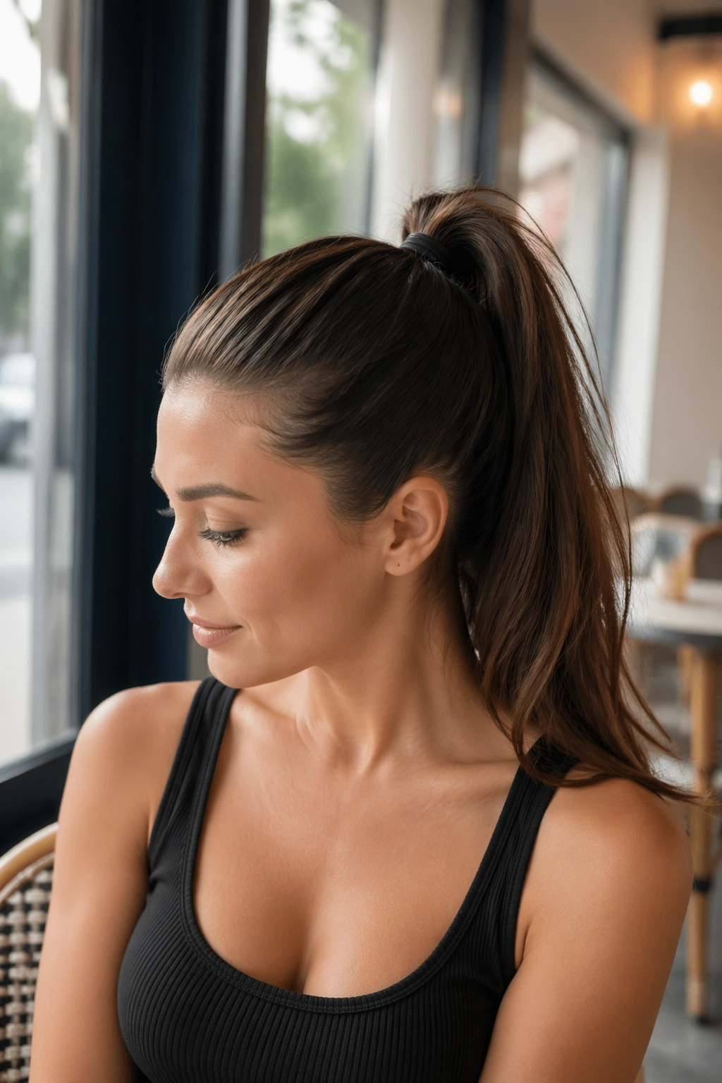 Close-up of a real woman with straight and loose high ponytail in daylight