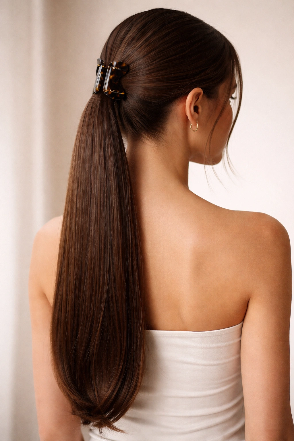 Straight polished claw clip ponytail with glossy finish
