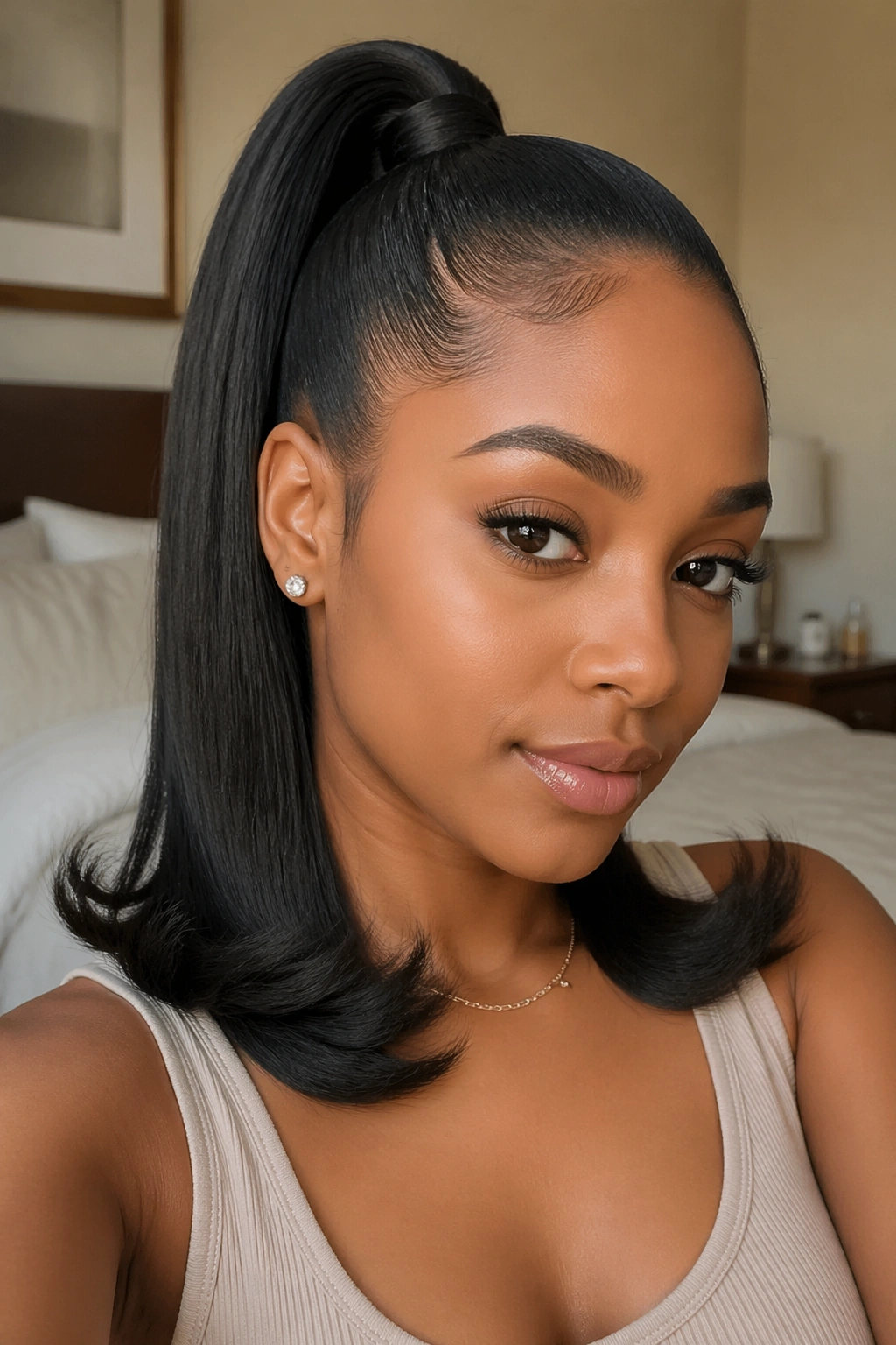 Close-up of a real woman with straight quick weave ponytail and flipped ends in bedroom lighting