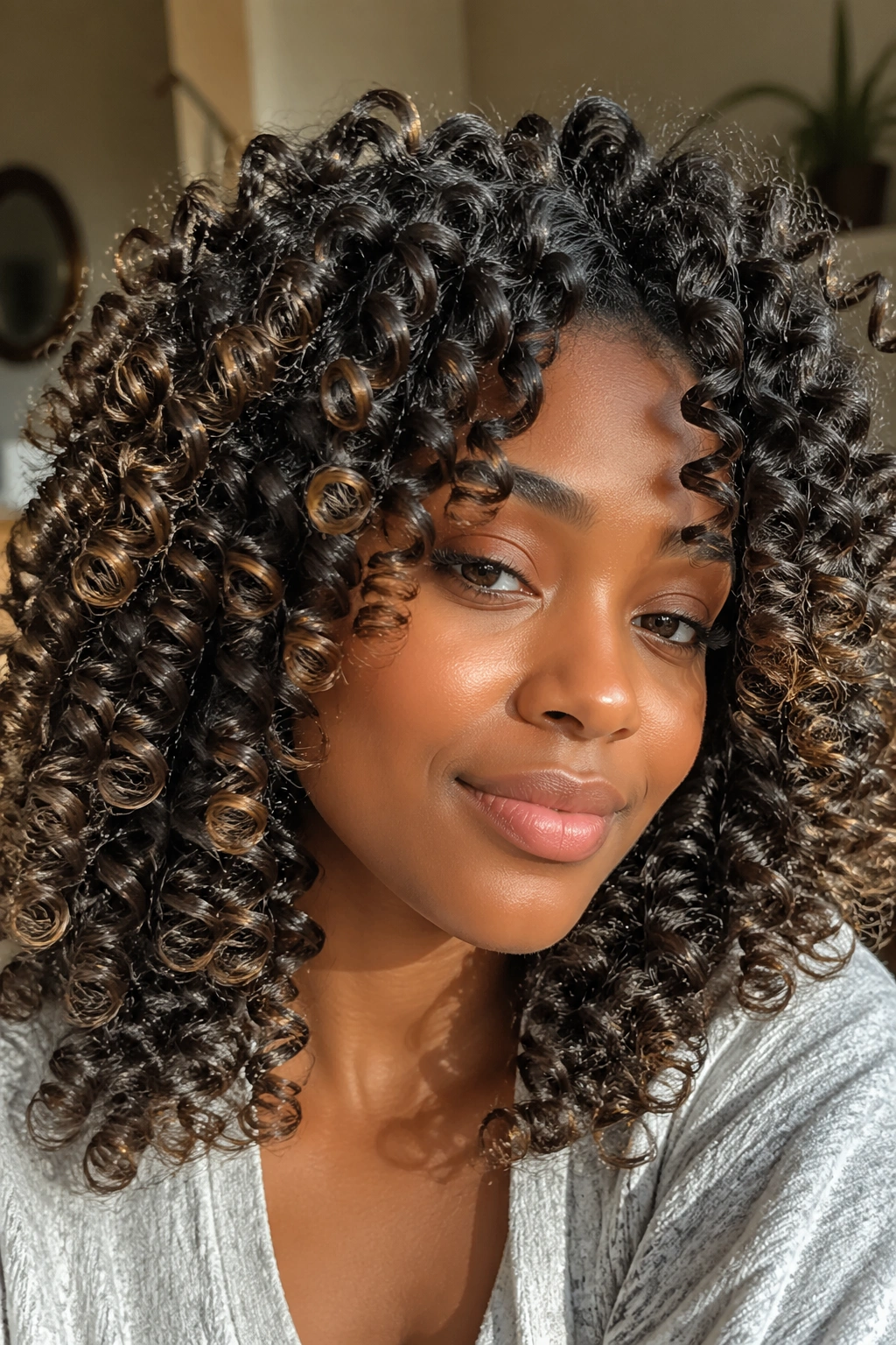 Close-up of a real person with straw-set spiral curls filling the frame