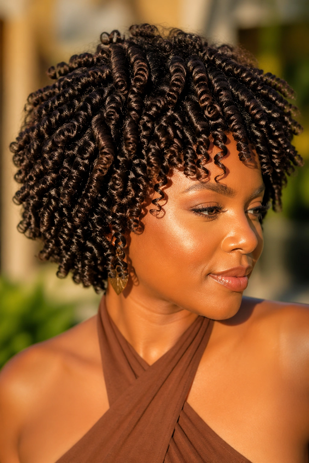 Close-up of a real woman's straw-set spiral curls outdoors.
