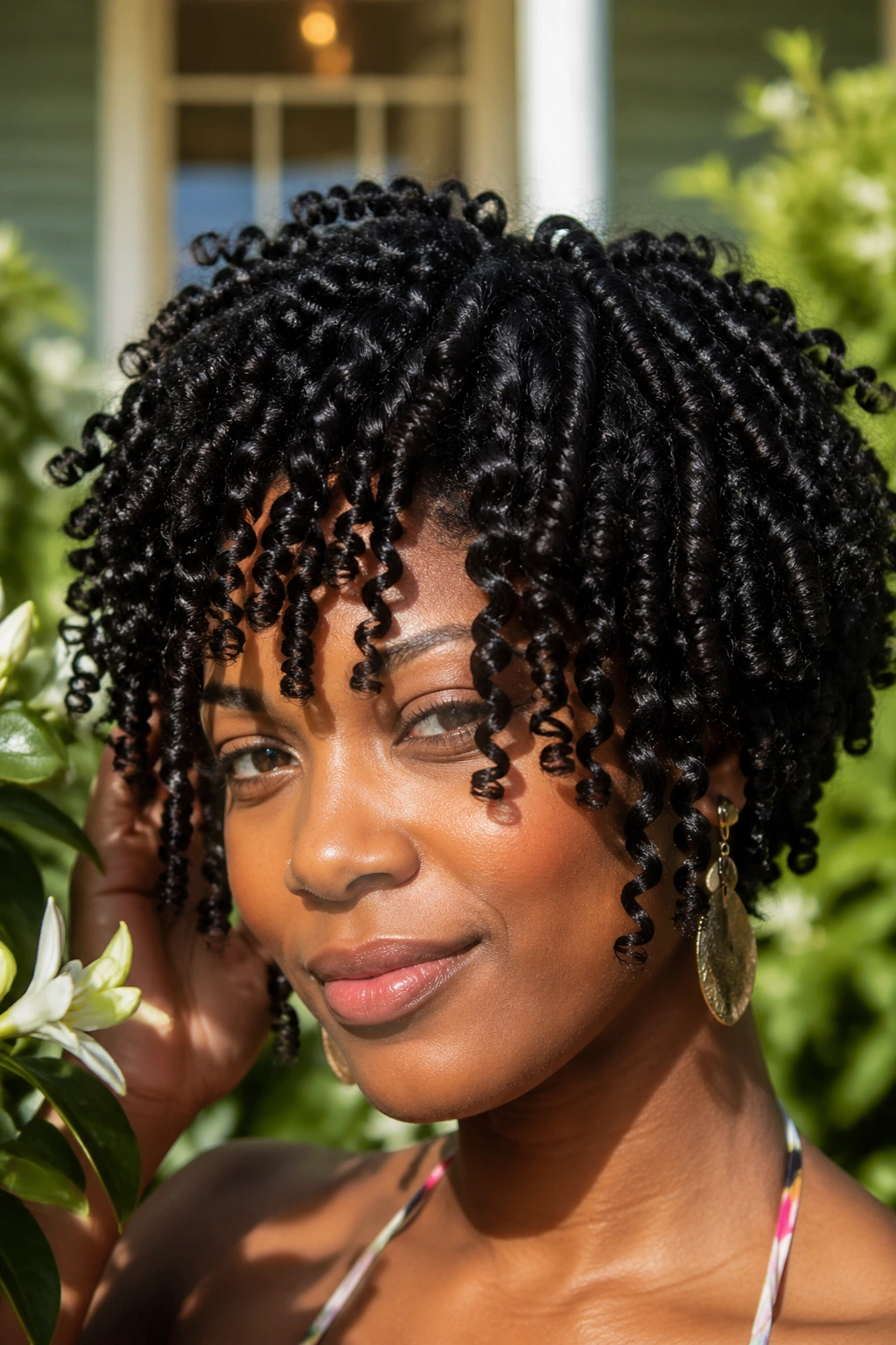 Close-up of straw set spirals hairstyle on a real woman outdoors