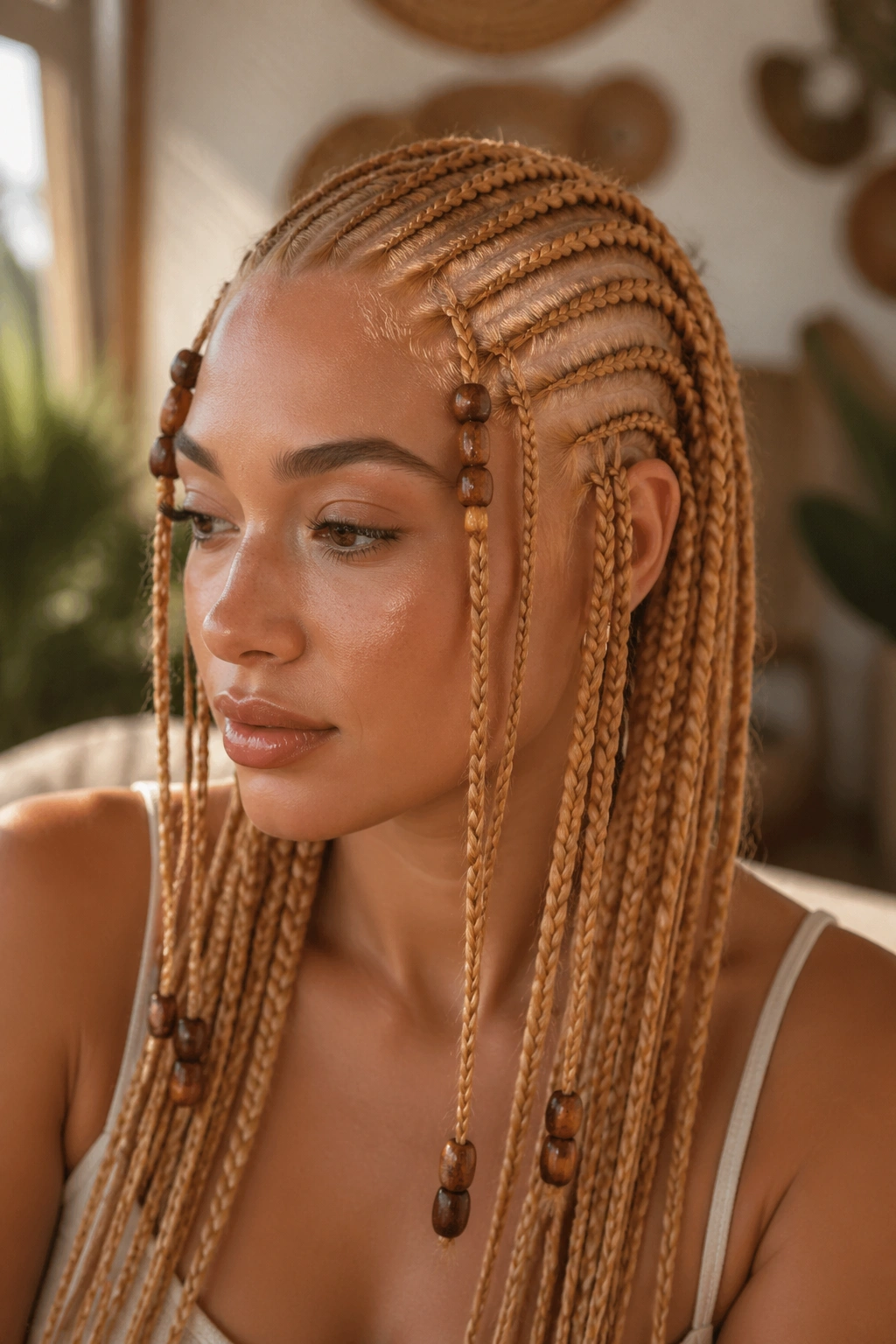 Real woman wearing strawberry-blonde cornrows with beads in a warm studio