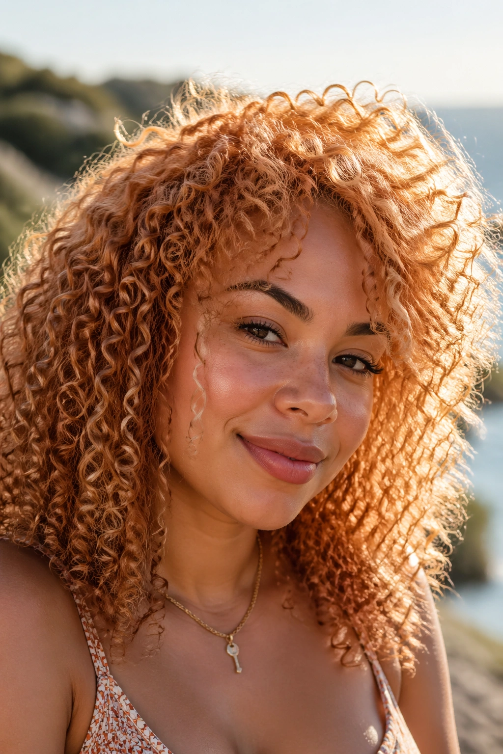 Close-up of a real woman with strawberry blonde curls in sunlight