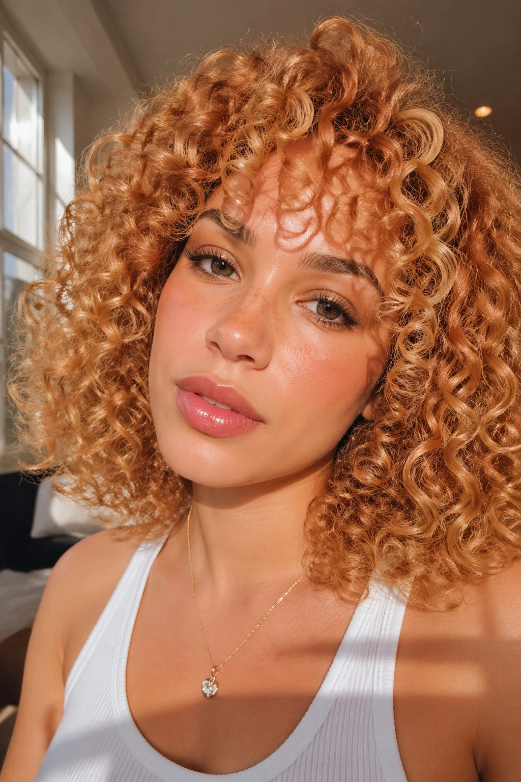 Close-up of a real person with strawberry blonde curls in peachy-gold tones