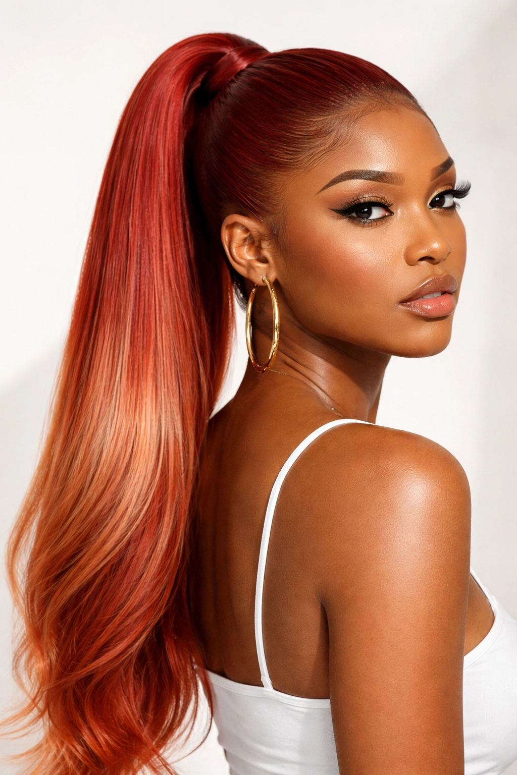 Bright strawberry blonde red sleek ponytail showing individual strands.