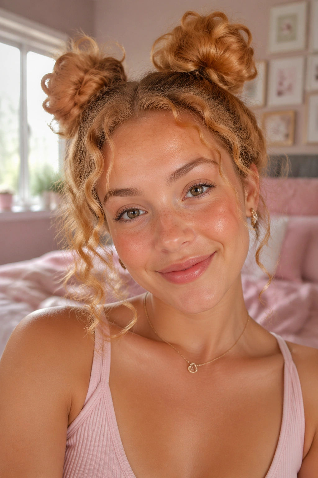 Woman with strawberry blonde space buns in a bright room.