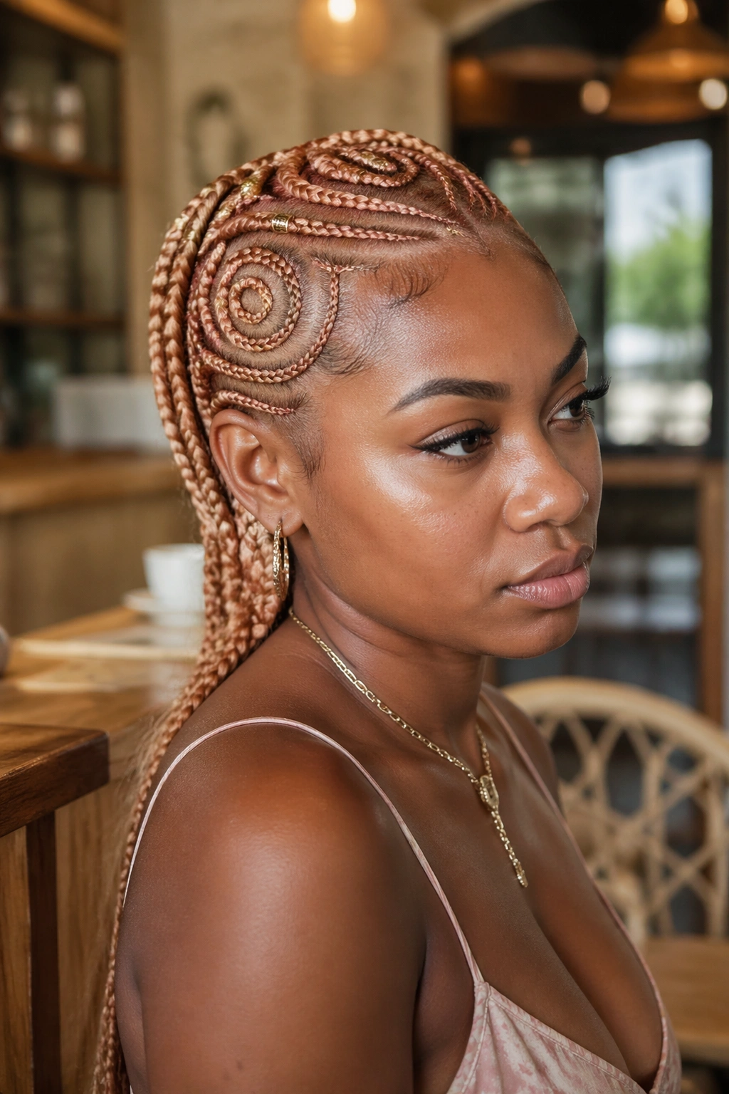 Strawberry blonde tribal cornrows with gold beads on a real woman in warm cafe light