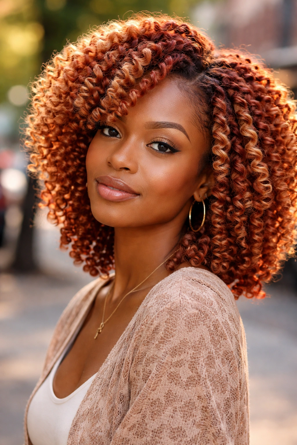 Close-up of a woman with strawberry blonde twist-out under warm daylight