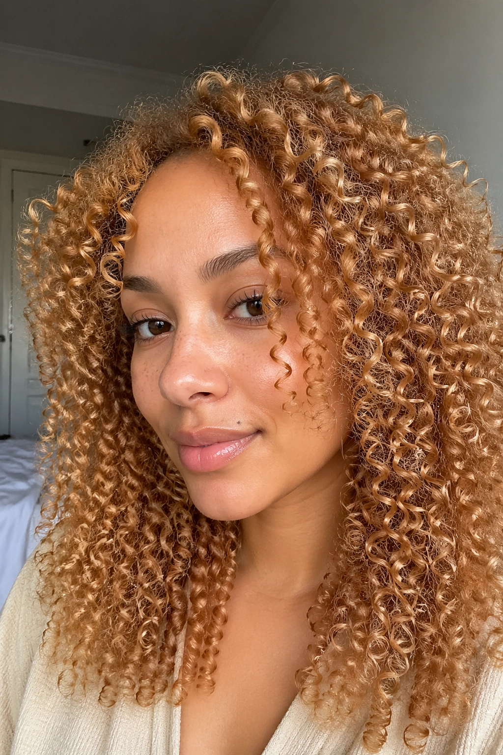 Close-up of a real woman with strawberry blonde wash-and-go curls in natural light