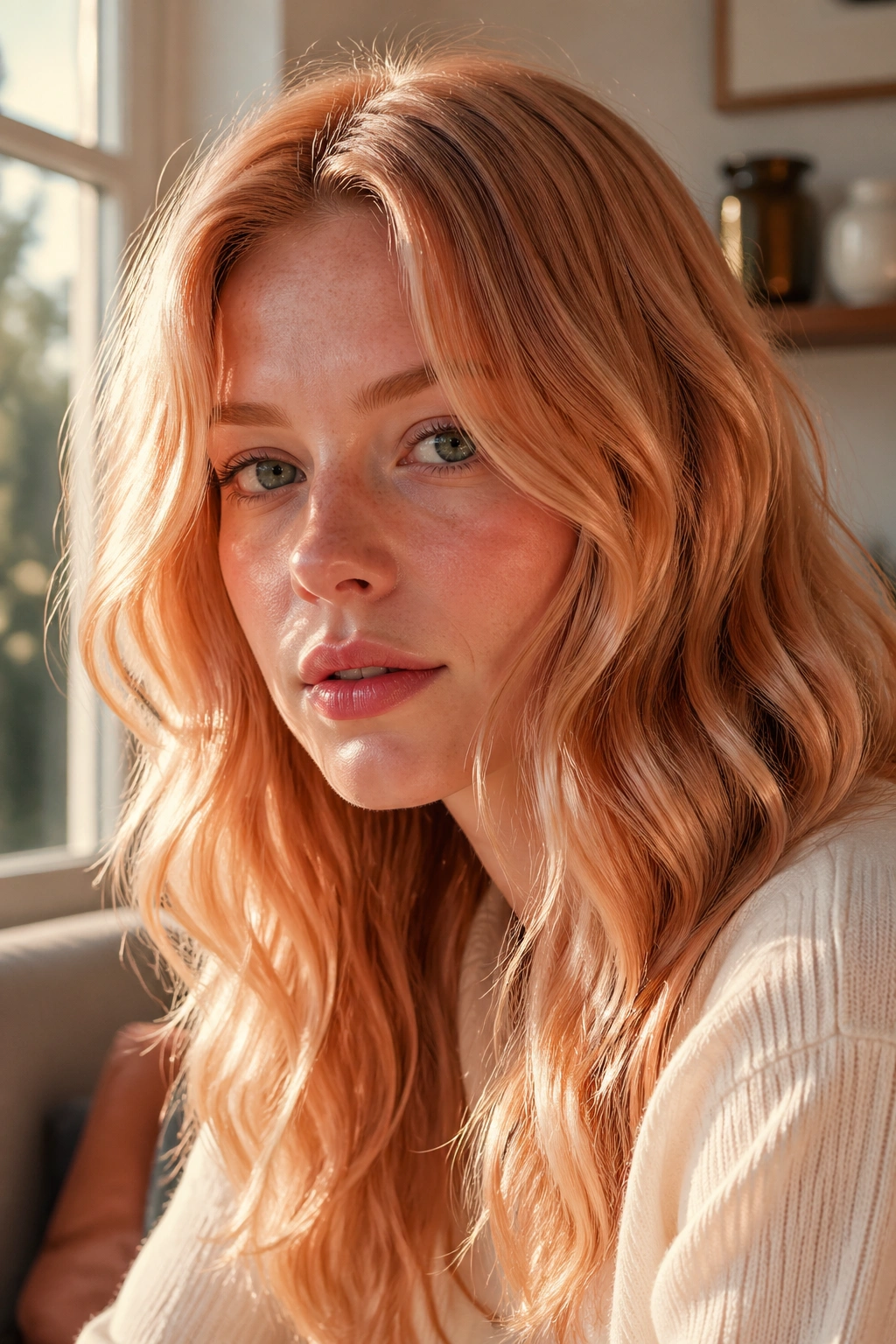 Strawberry blonde waves catching peach-gold light in natural window light